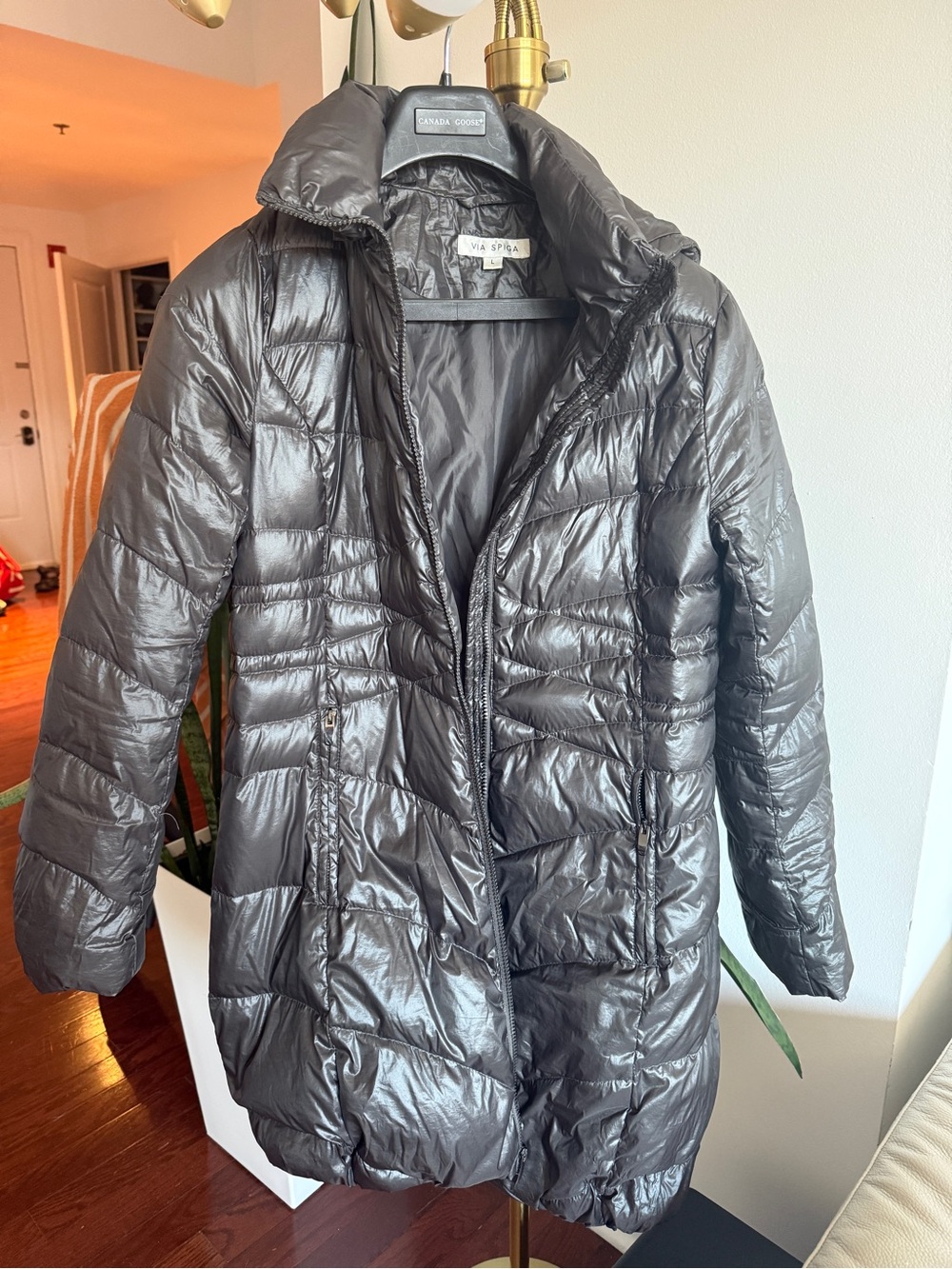 Via Spiga Metallic Silver Quilted Long Puffer Coat